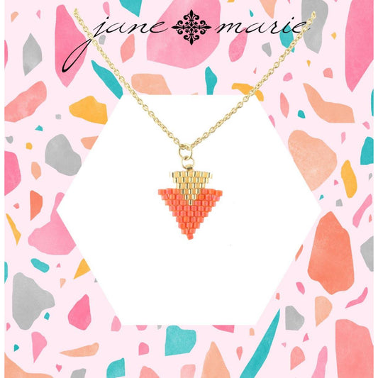 16" Gold Chain Necklace with Gold and Tangerine Seed Bead Double Triangle, 3" Ext