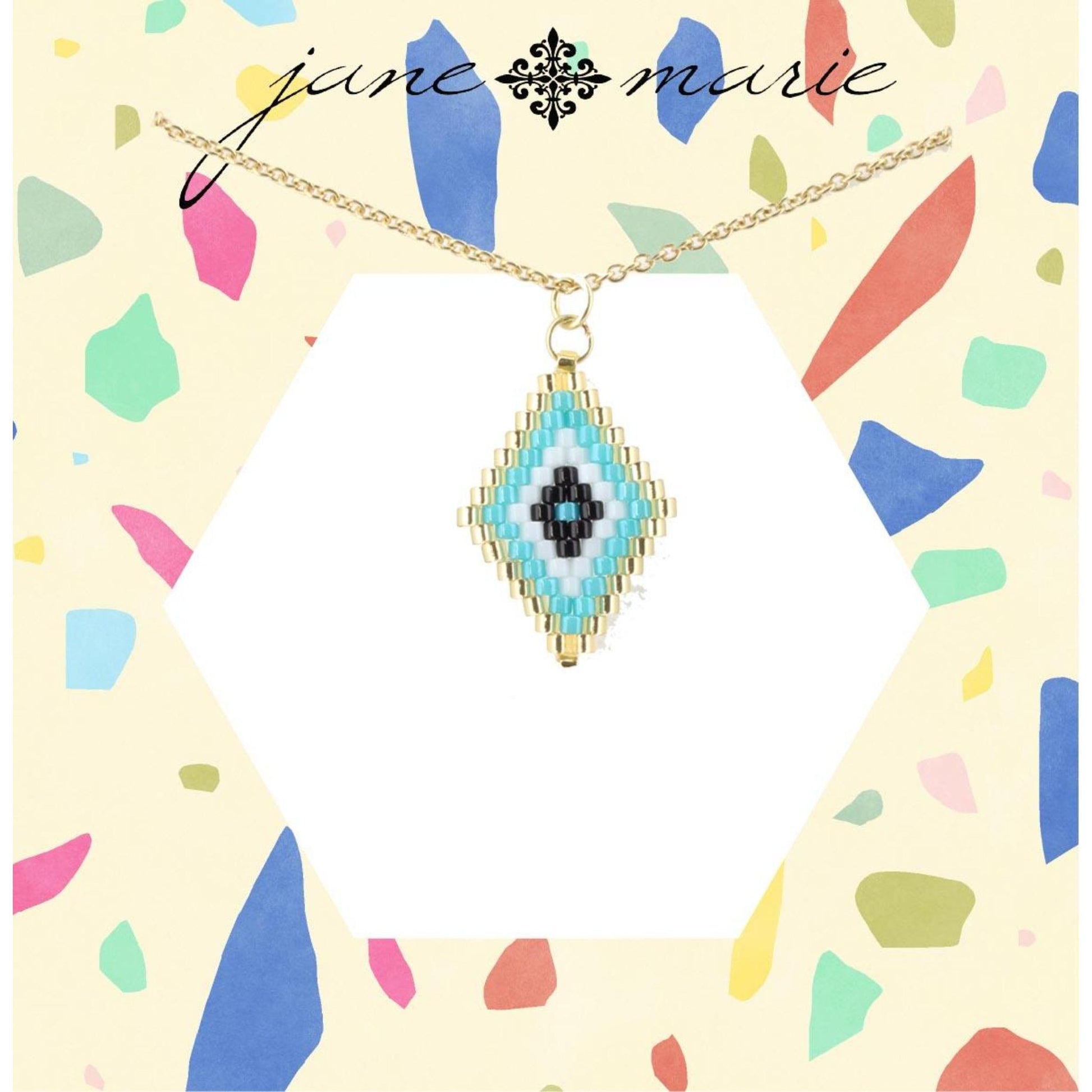16" Gold Chain Necklace with Gold, Blue, Jet, and White Seed Bead Diamond, 3" Ext