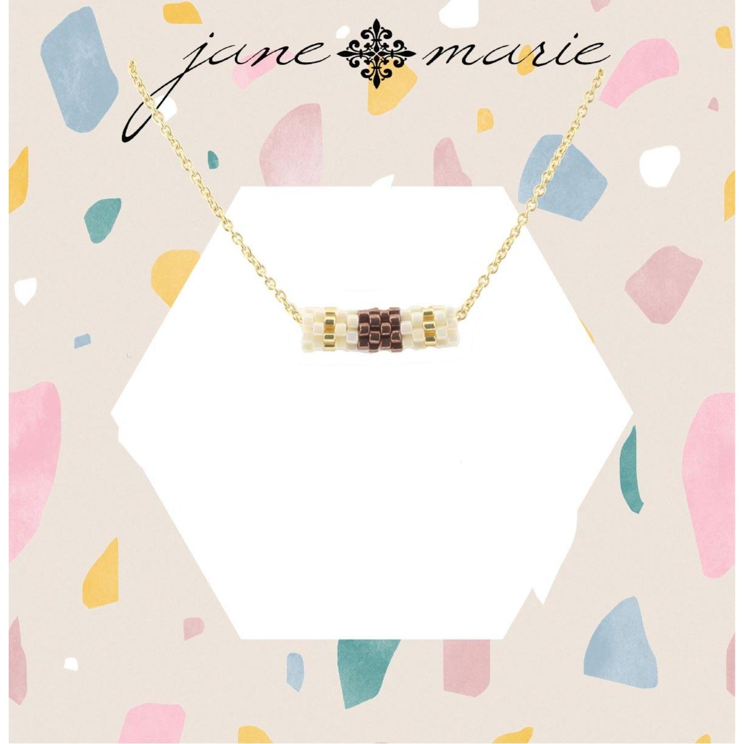 16" Gold Chain Necklace with AB White and Bronze Seed Bead Cylinder, 3" Ext