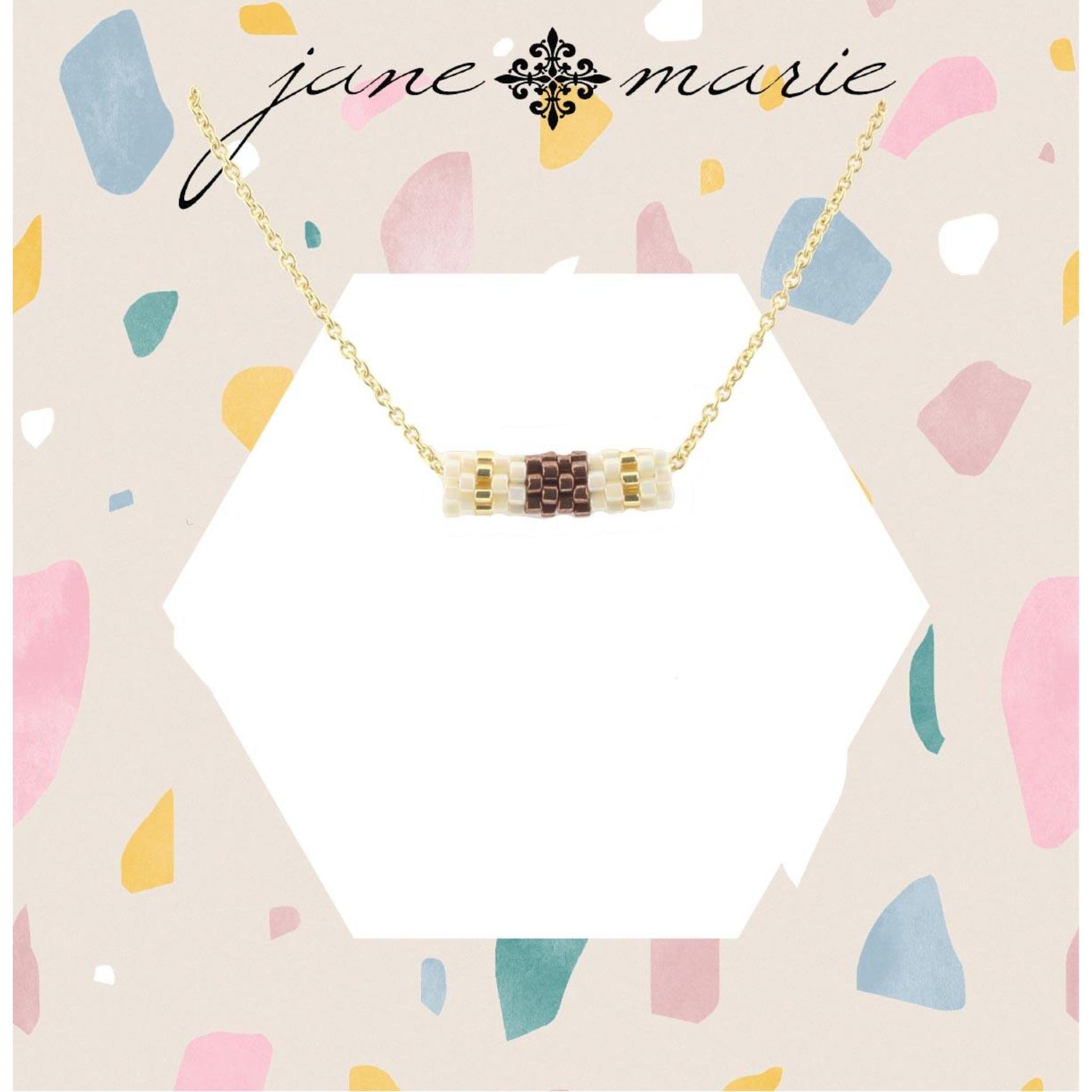 16" Gold Chain Necklace with AB White and Bronze Seed Bead Cylinder, 3" Ext