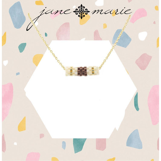 16" Gold Chain Necklace with AB White and Bronze Seed Bead Cylinder, 3" Ext
