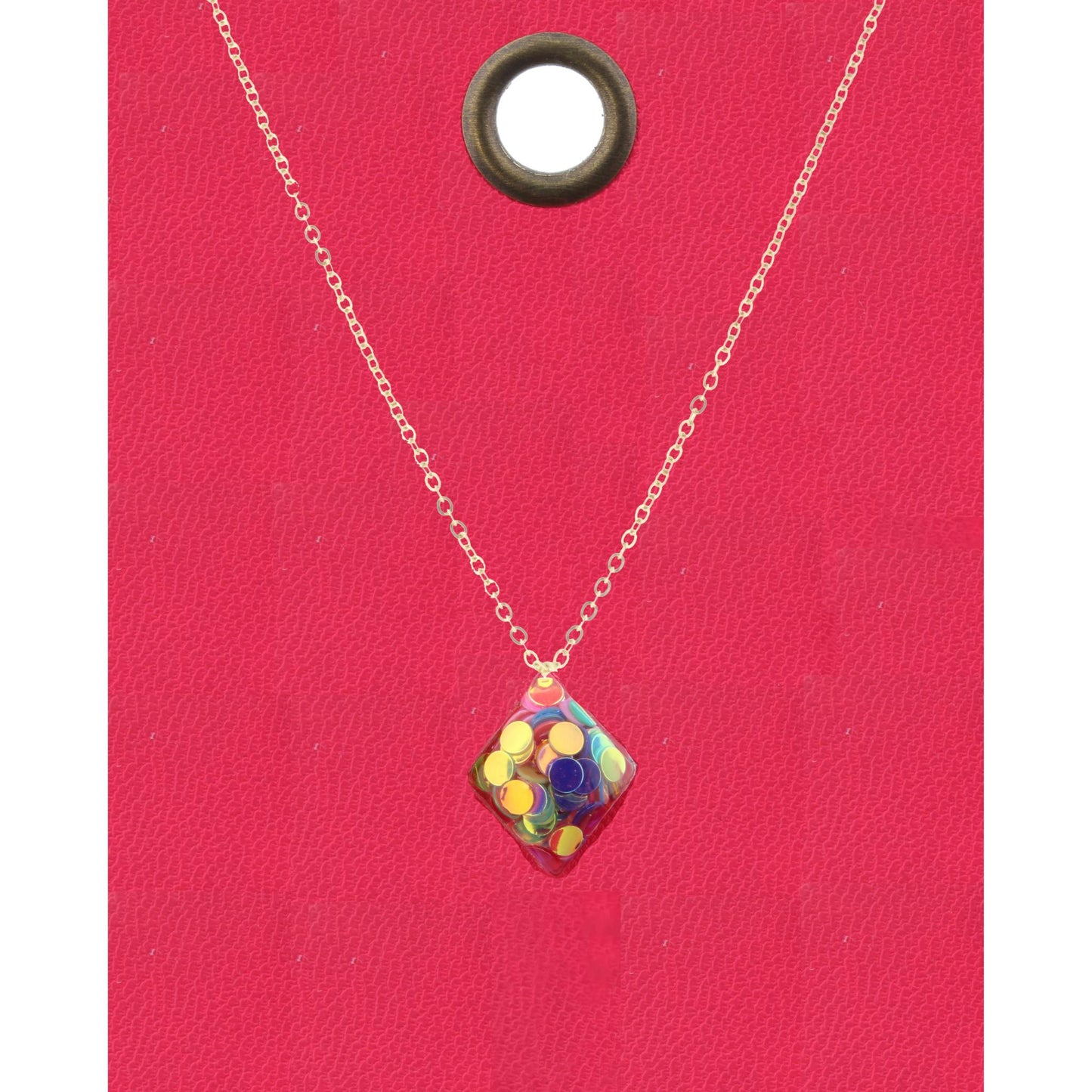 16" Gold Chain Necklace with Multi Color Confetti Diamond Shape Charm, 3" Ext
