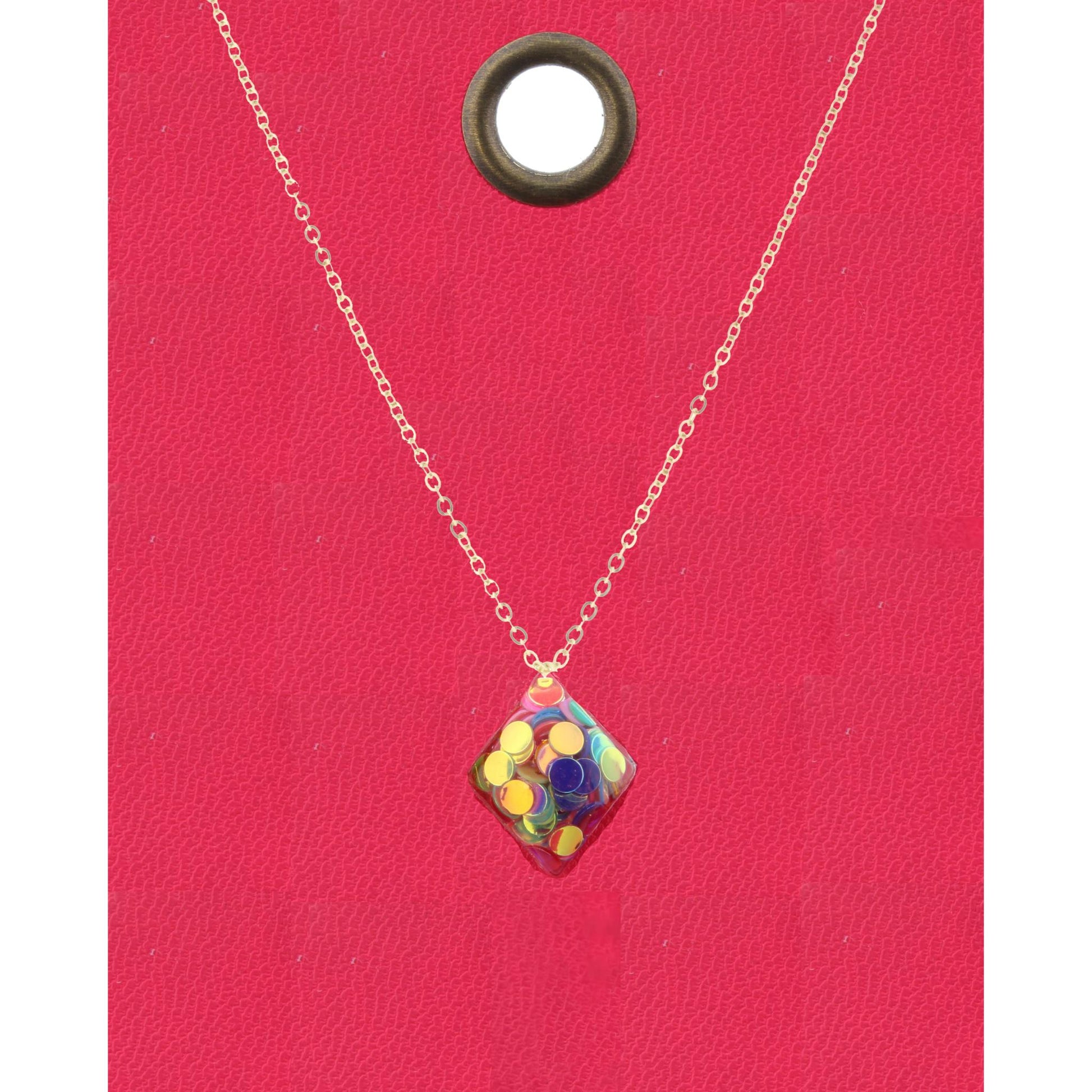 16" Gold Chain Necklace with Multi Color Confetti Diamond Shape Charm, 3" Ext