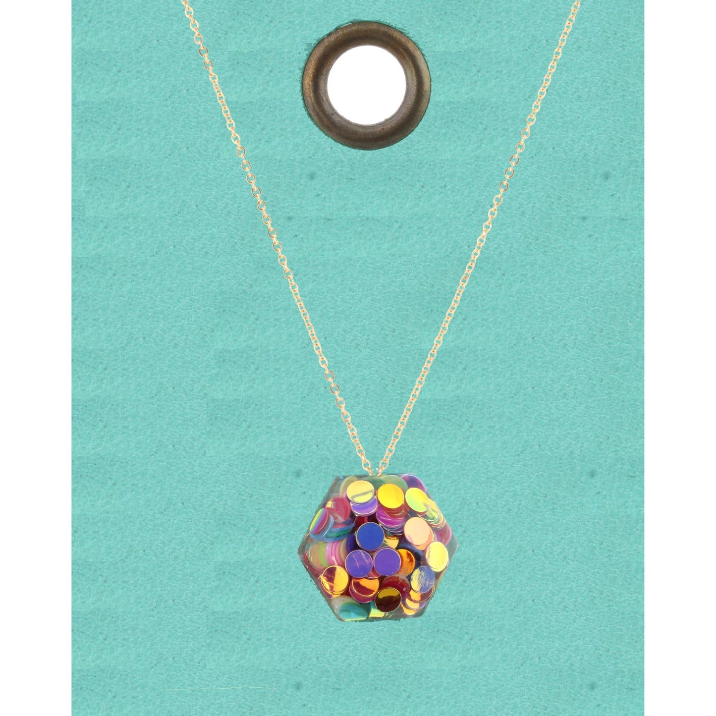 16" Gold Chain Necklace with Multi Color Confetti Hexagon, 3" Ext