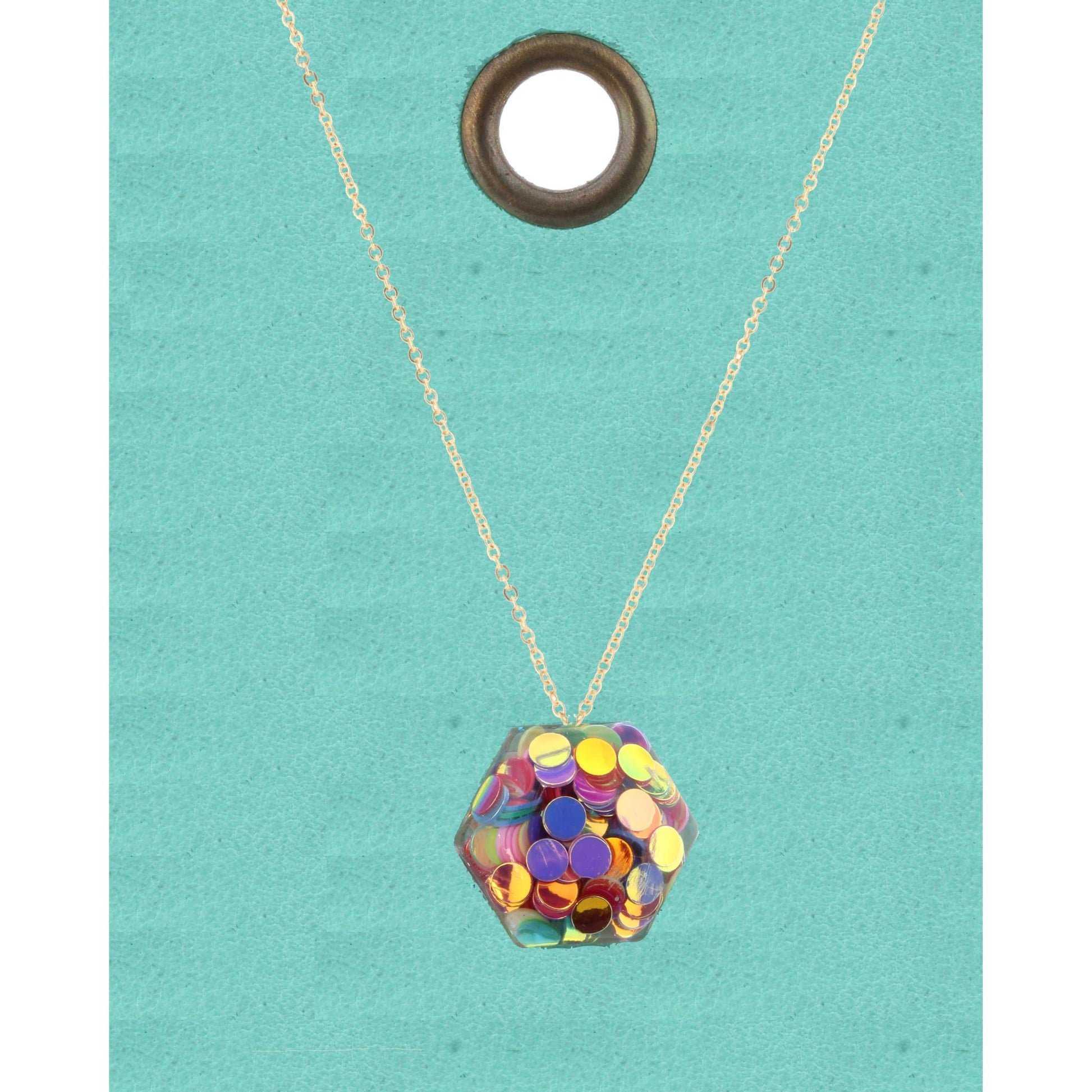 16" Gold Chain Necklace with Multi Color Confetti Hexagon, 3" Ext