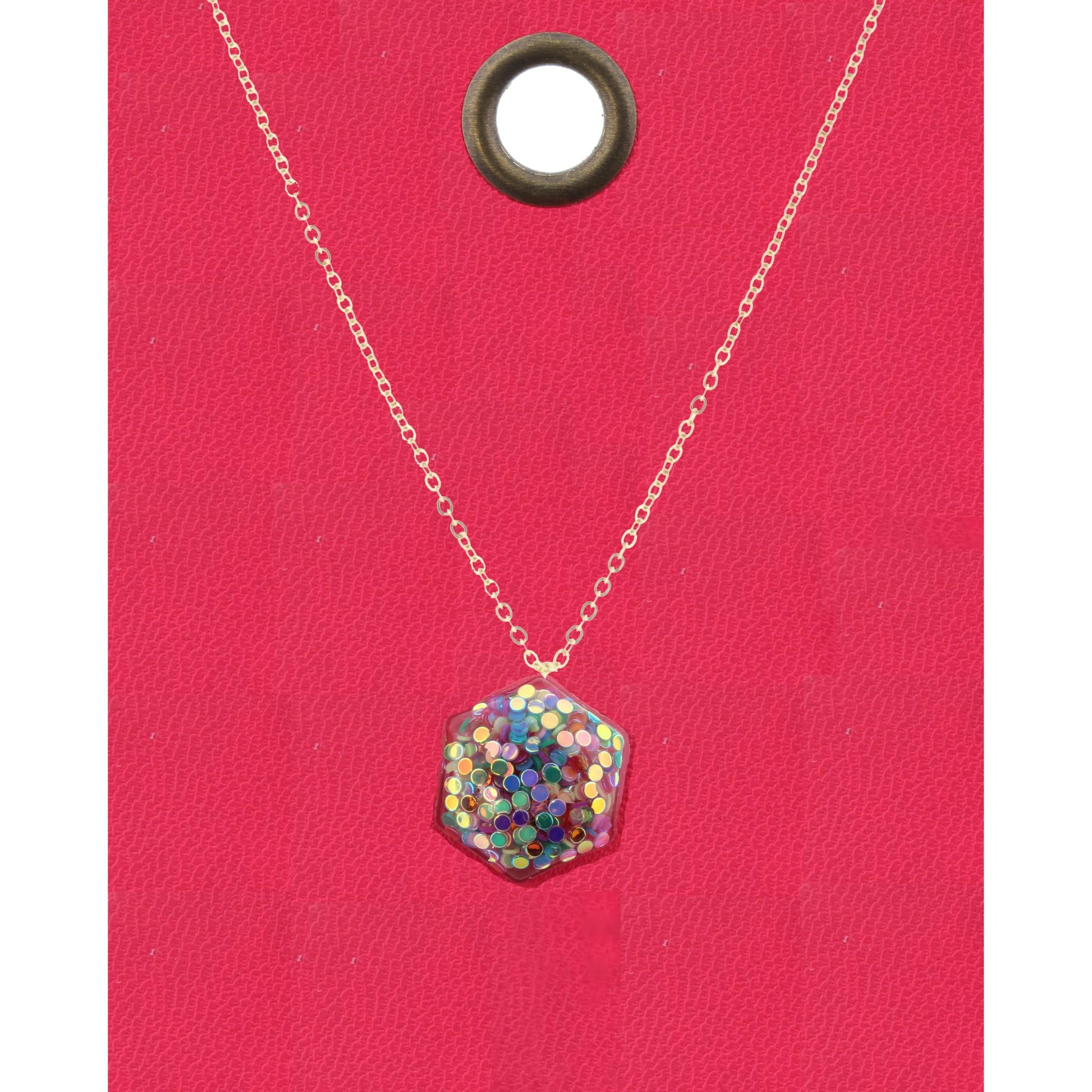 16" Gold Chain Necklace with Multi Color Small Confetti Hexagon, 3" Ext