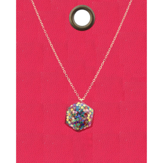 16" Gold Chain Necklace with Multi Color Small Confetti Hexagon, 3" Ext
