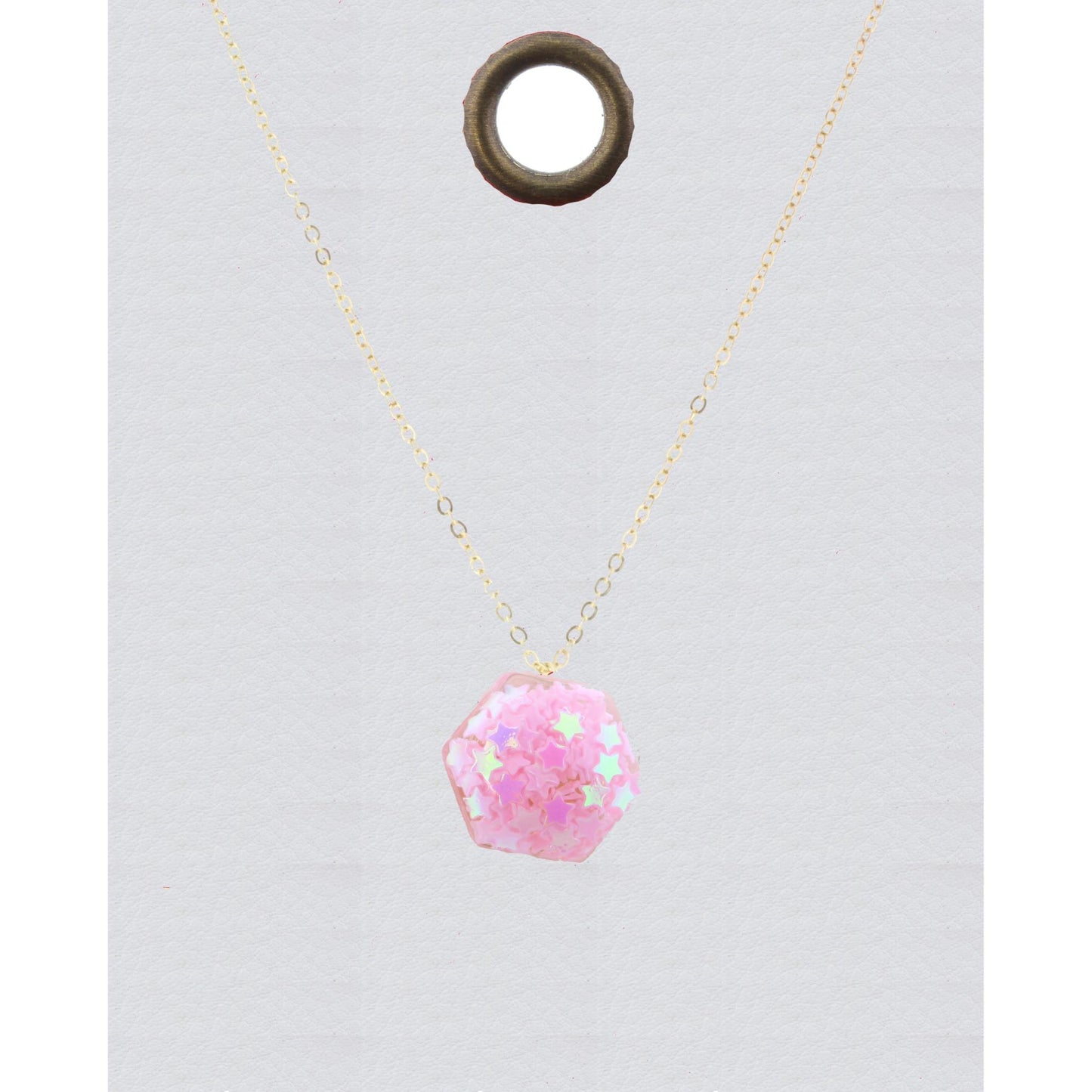 16" Gold Chain Necklace with Pink Confetti Hexagon, 3" Ext