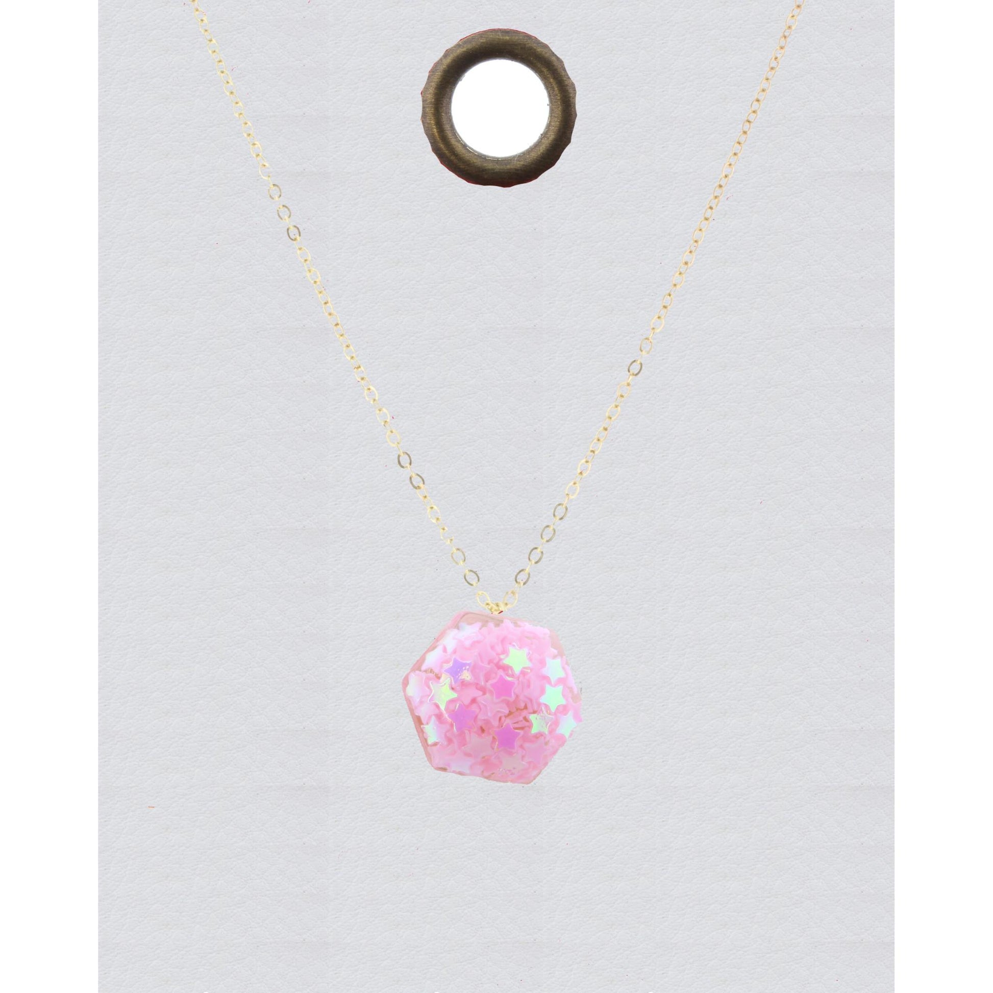 16" Gold Chain Necklace with Pink Confetti Hexagon, 3" Ext