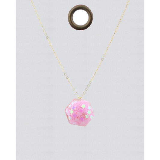 16" Gold Chain Necklace with Pink Confetti Hexagon, 3" Ext