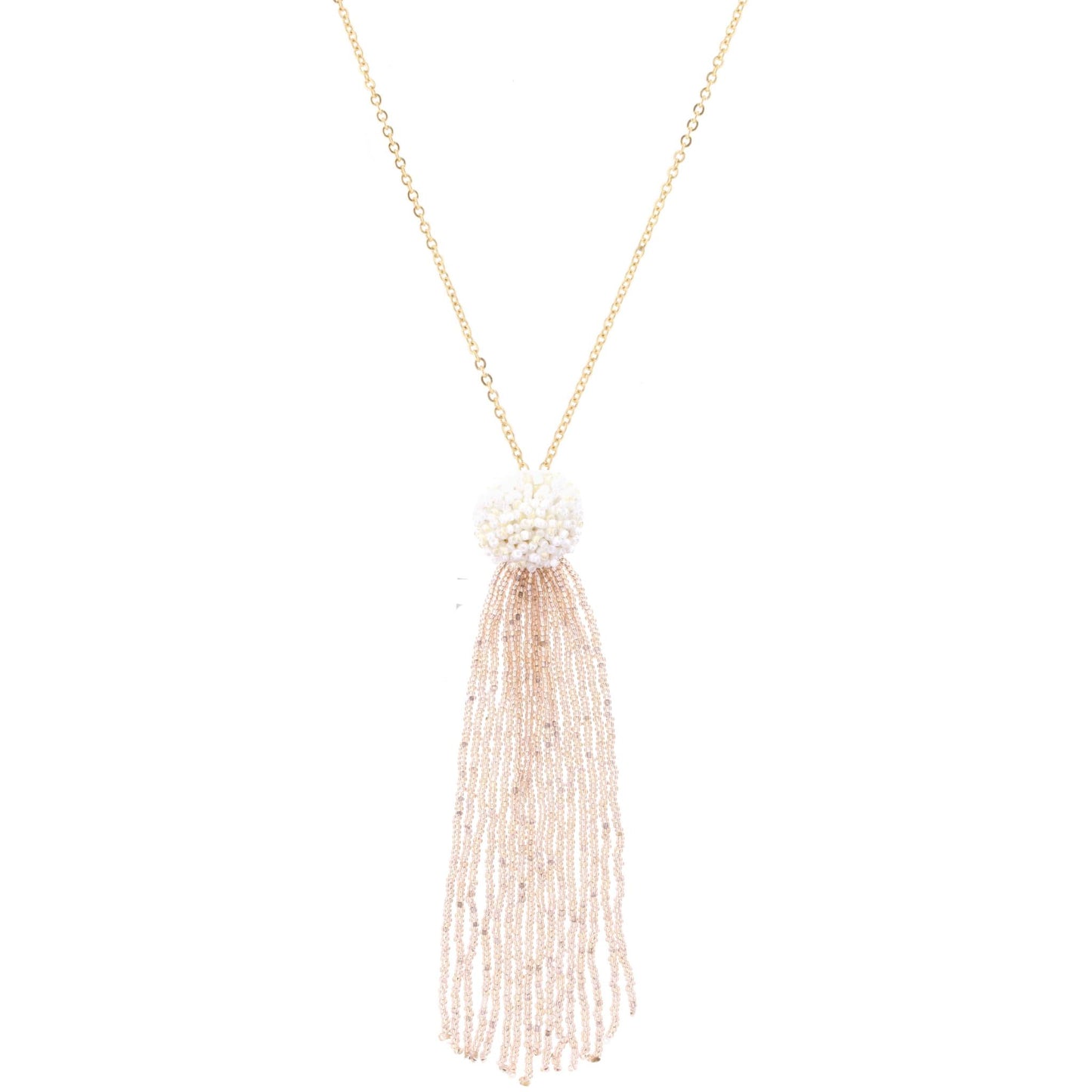 Gold Chain Necklace with White Seed Bead Cluster and Champagne Fringe, 3" Ext