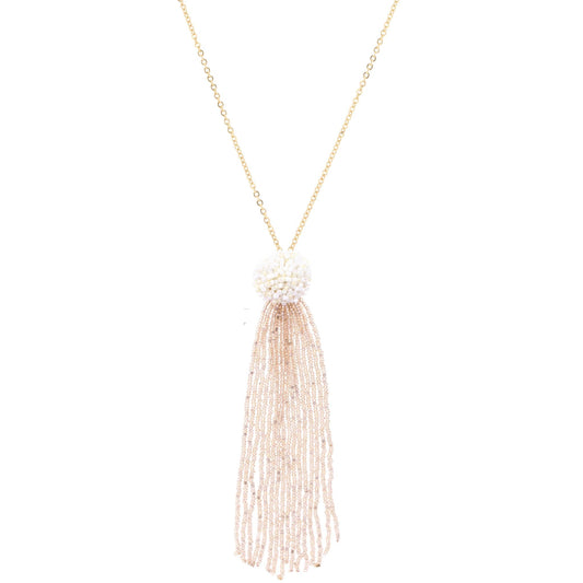 Gold Chain Necklace with White Seed Bead Cluster and Champagne Fringe, 3" Ext