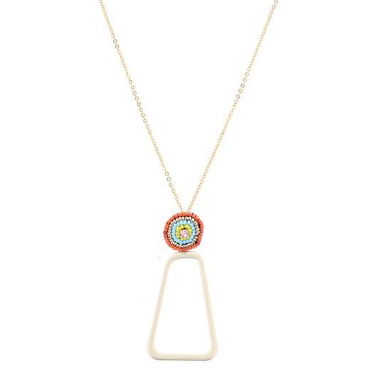 Gold Chain Necklace with Orange, Gold, and Blue Seed Bead Circle and Gold Open Rectangle, 3" Ext