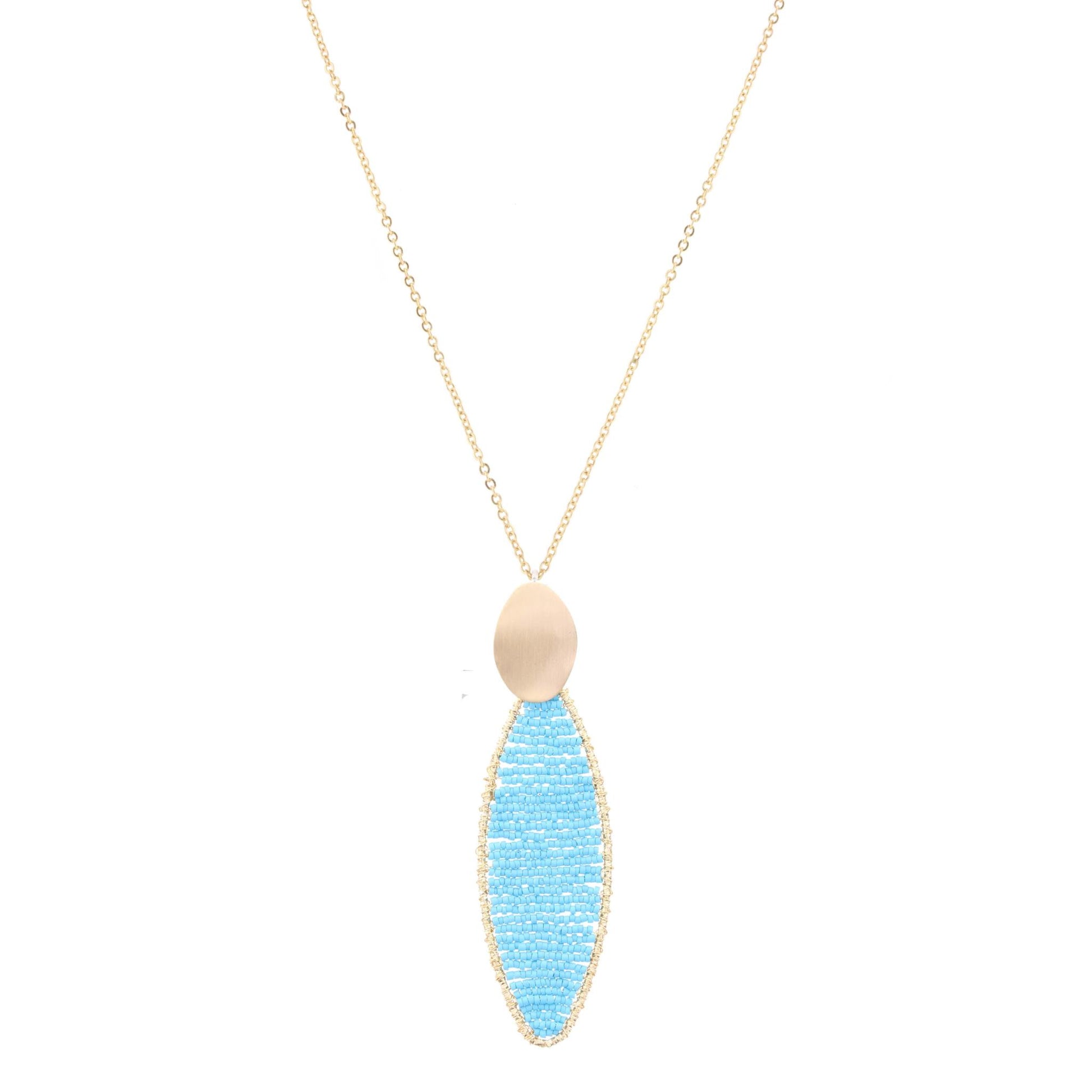 Gold Chain Necklace with Turquoise Seed Bead Pointed Oval, 3" Ext