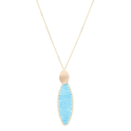 Gold Chain Necklace with Turquoise Seed Bead Pointed Oval, 3" Ext
