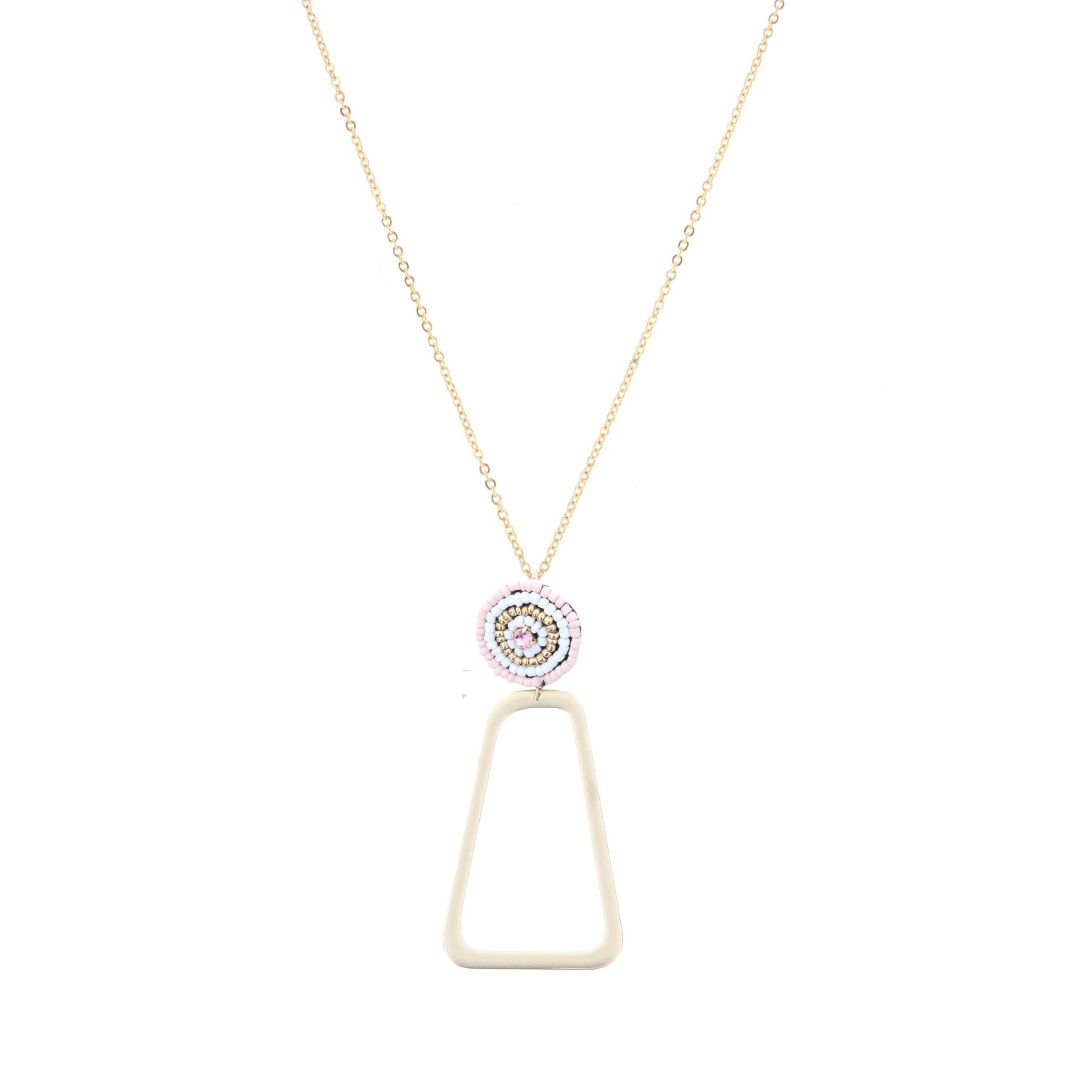 Gold Chain Necklace with Pink Seed Bead Circle and Gold Open Rectangle, 3" Ext