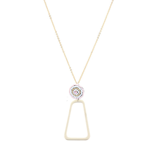 Gold Chain Necklace with Pink Seed Bead Circle and Gold Open Rectangle, 3" Ext