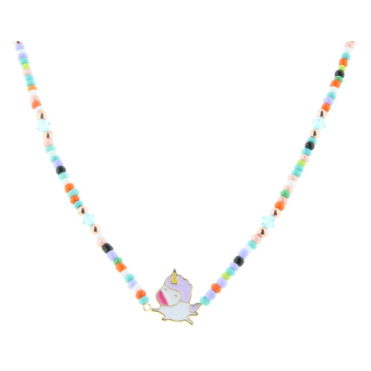 14" Kids Multi Color Beaded Necklace with Unicorn Charm, 2.5" Ext
