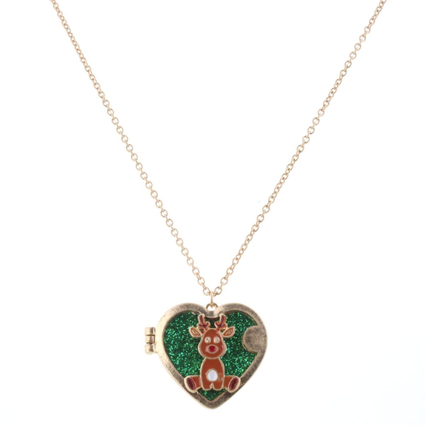 14" Rudolph Locket with "Believe" & Green Glitter Inside, 3" Ext