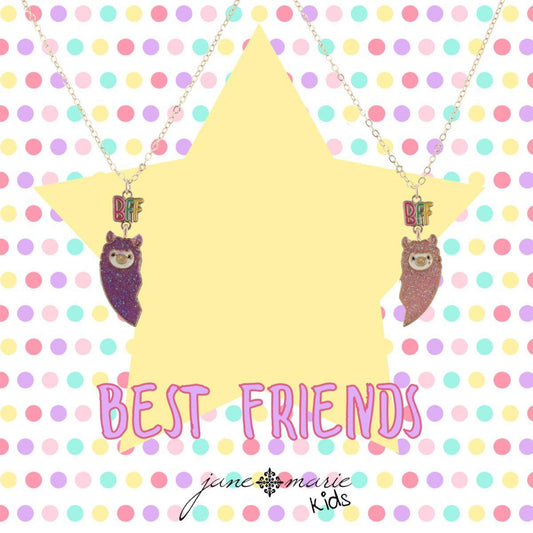 Kids 14" Set of 2, "BFF" Llama Halves Charm Necklaces, 3" Ext