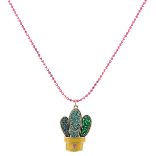 Kids 14" Colored Hot Pink Chain with Glitter Cactus Necklace, 2" Ext