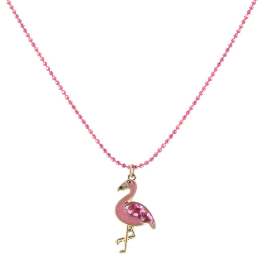 Kids 14" Colored Hot Pink Chain with Flamingo with Glitter Wing Necklace, 2" Ext