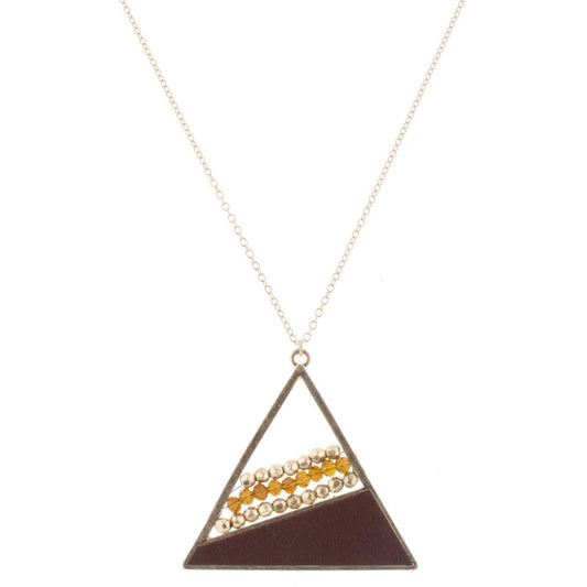 32" Dark Brown Leather & Brown/Gold Beaded Triangle Necklace, 3" Ext