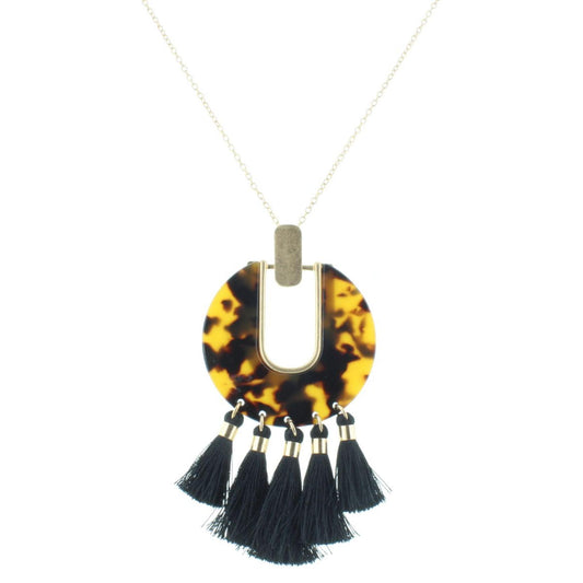 30" Leopard Resin Circle with Jet Tassels Necklace, 3" Ext