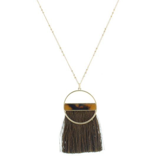 30" Circle with Leopard Resin Rectangle with Brown Tassel Necklace, 3" Ext