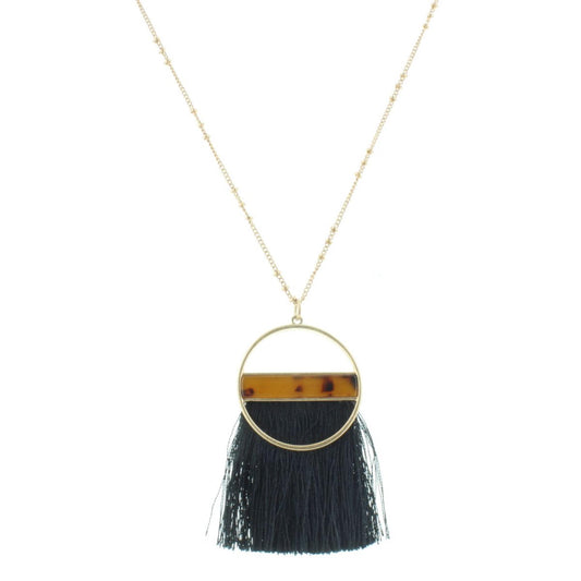30" Circle with Leopard Resin Rectangle with Jet Tassel Necklace, 3" Ext