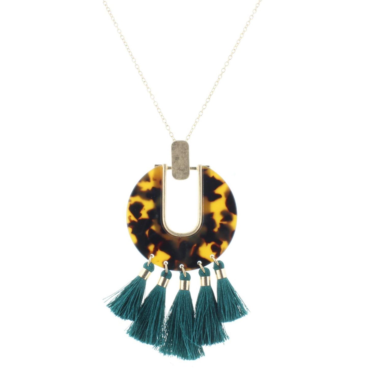 30" Leopard Resin Circle with Teal Tassels Necklace, 3" Ext