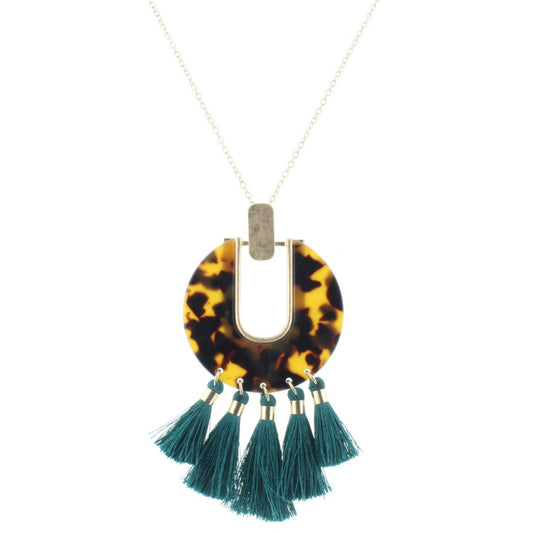 30" Leopard Resin Circle with Teal Tassels Necklace, 3" Ext