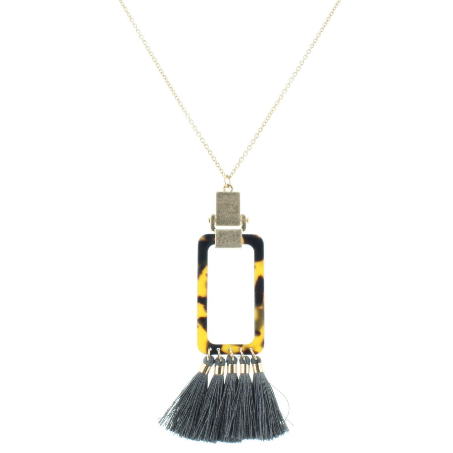 30" Open Leopard Resin Rectangle with Grey Tassels Necklace, 3" Ext