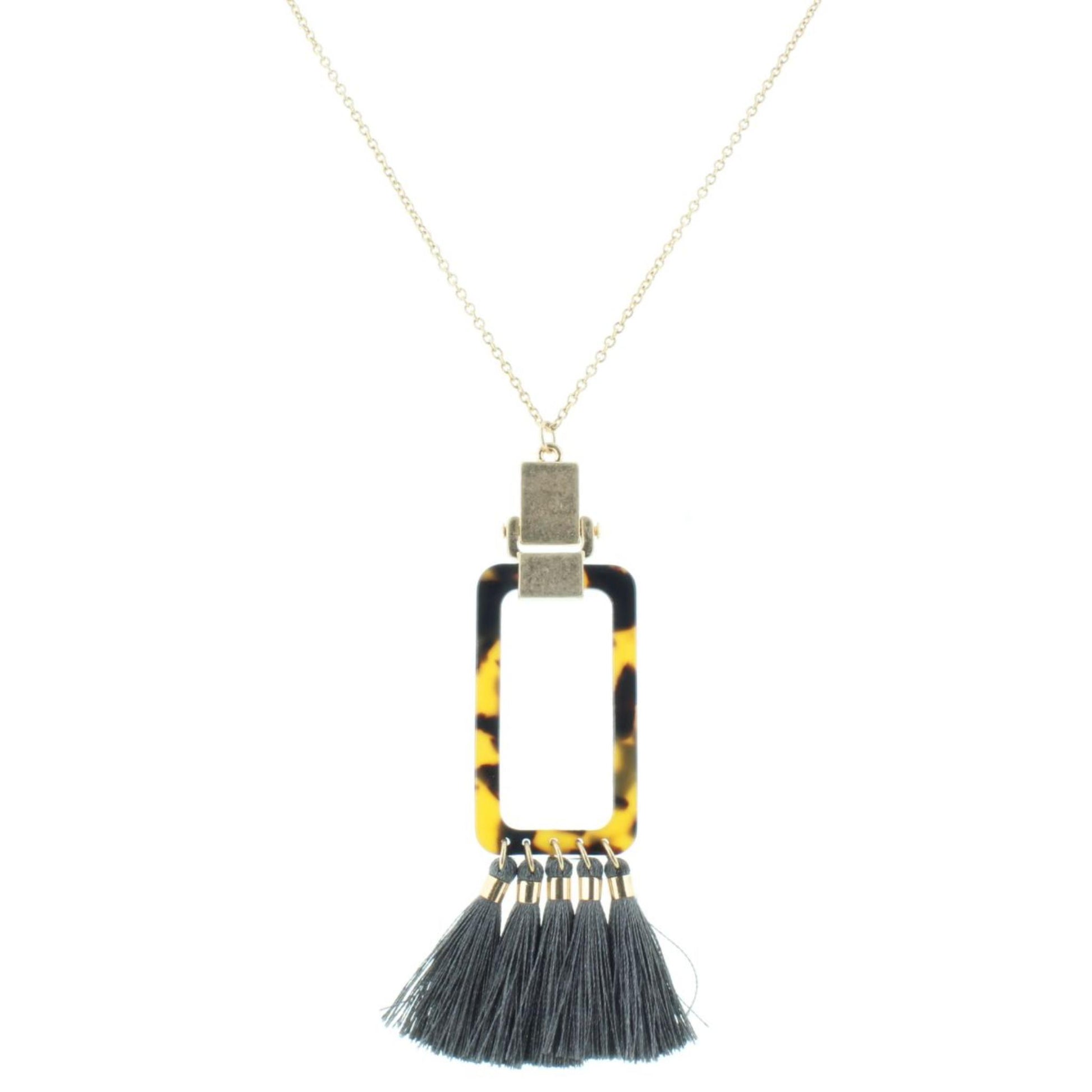 30" Open Leopard Resin Rectangle with Grey Tassels Necklace, 3" Ext