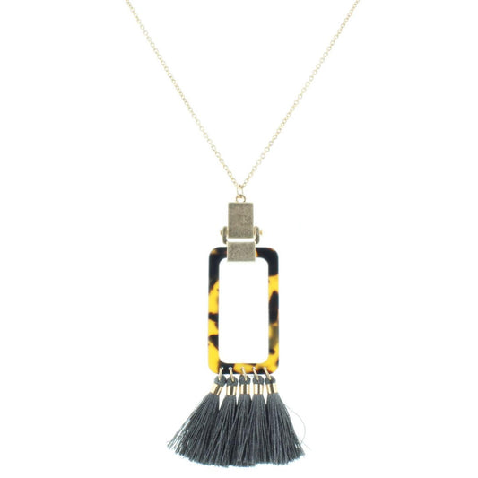 30" Open Leopard Resin Rectangle with Grey Tassels Necklace, 3" Ext