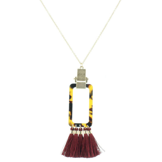 30" Open Leopard Resin Rectangle with Maroon Tassels Necklace, 3" Ext