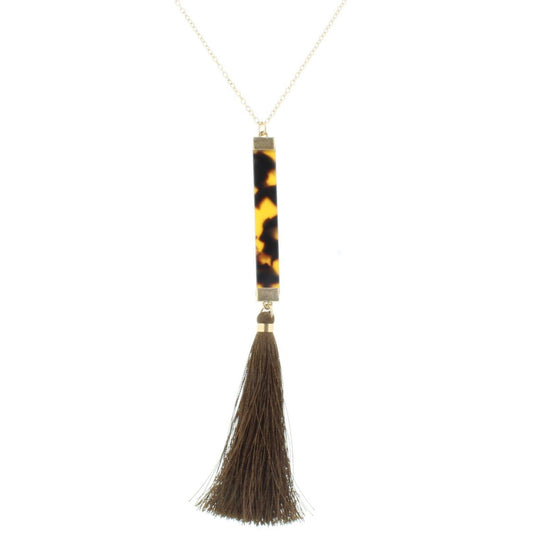 30" Leopard Resin Rectangle with Brown Tassel Necklace, 3" Ext