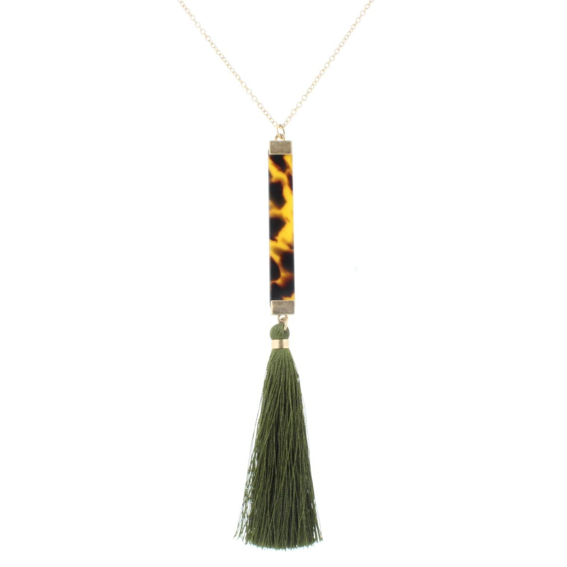 30" Leopard Resin Rectangle with Olive Tassel Necklace, 3" Ext