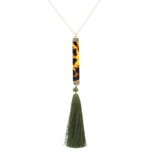 30" Leopard Resin Rectangle with Olive Tassel Necklace, 3" Ext