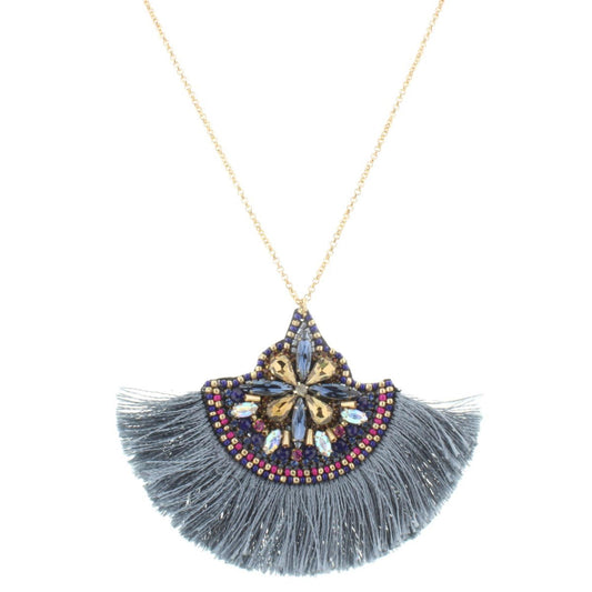 30" Blue, Pink Beaded Shape with Grey Tassel Necklace, 3" Ext