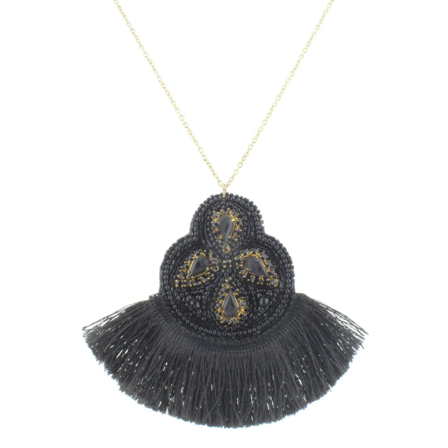 30" Jet Beaded Shape with Jet Tassel Necklace, 3" Ext