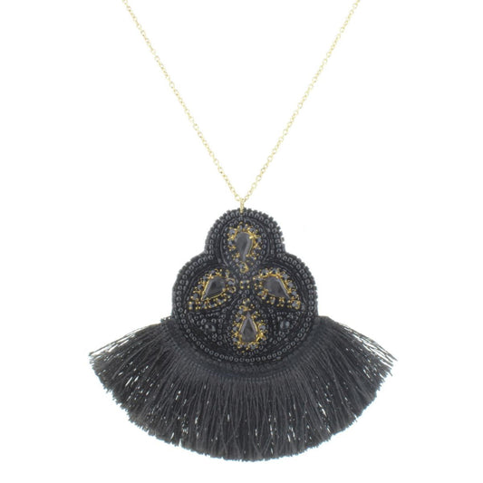 30" Jet Beaded Shape with Jet Tassel Necklace, 3" Ext