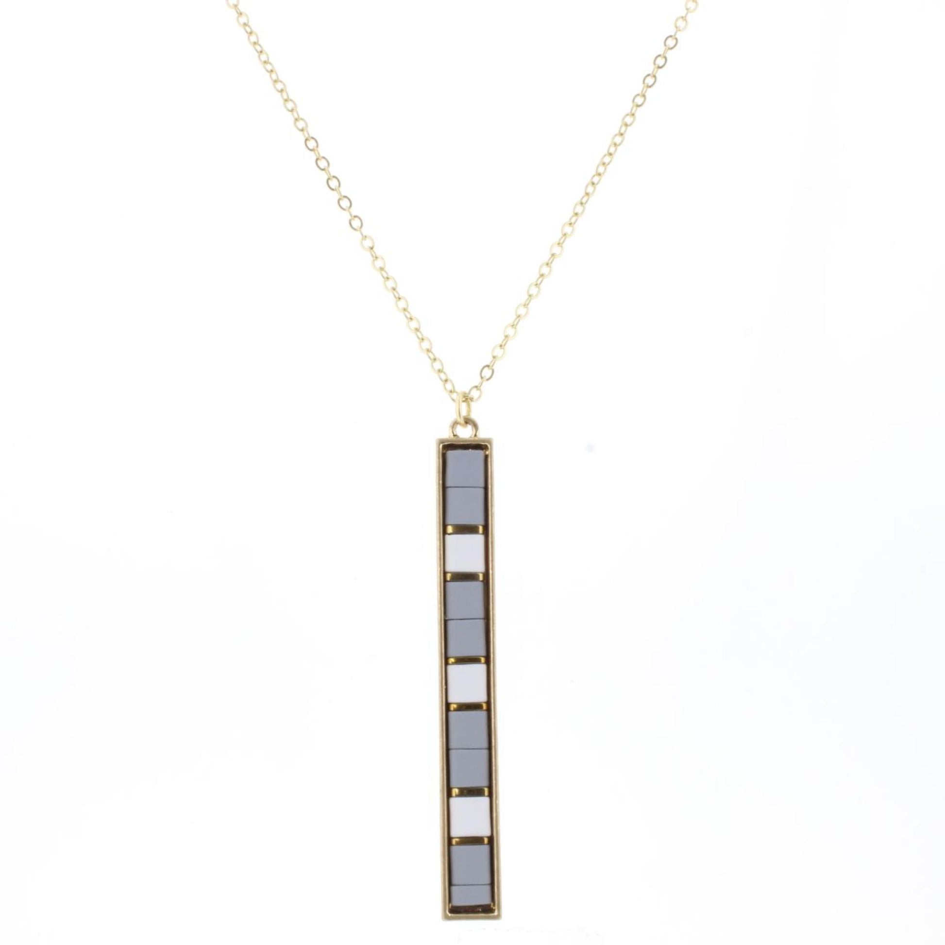 30" Grey, White, Gold Tila Beaded Bar Necklace, 3" Ext