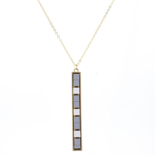 30" Grey, White, Gold Tila Beaded Bar Necklace, 3" Ext