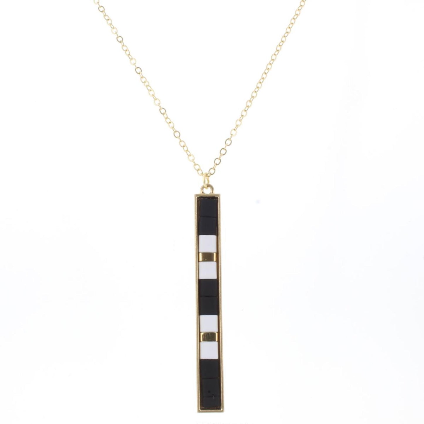 30" Jet, White, Gold Tila Beaded Bar Necklace, 3" Ext