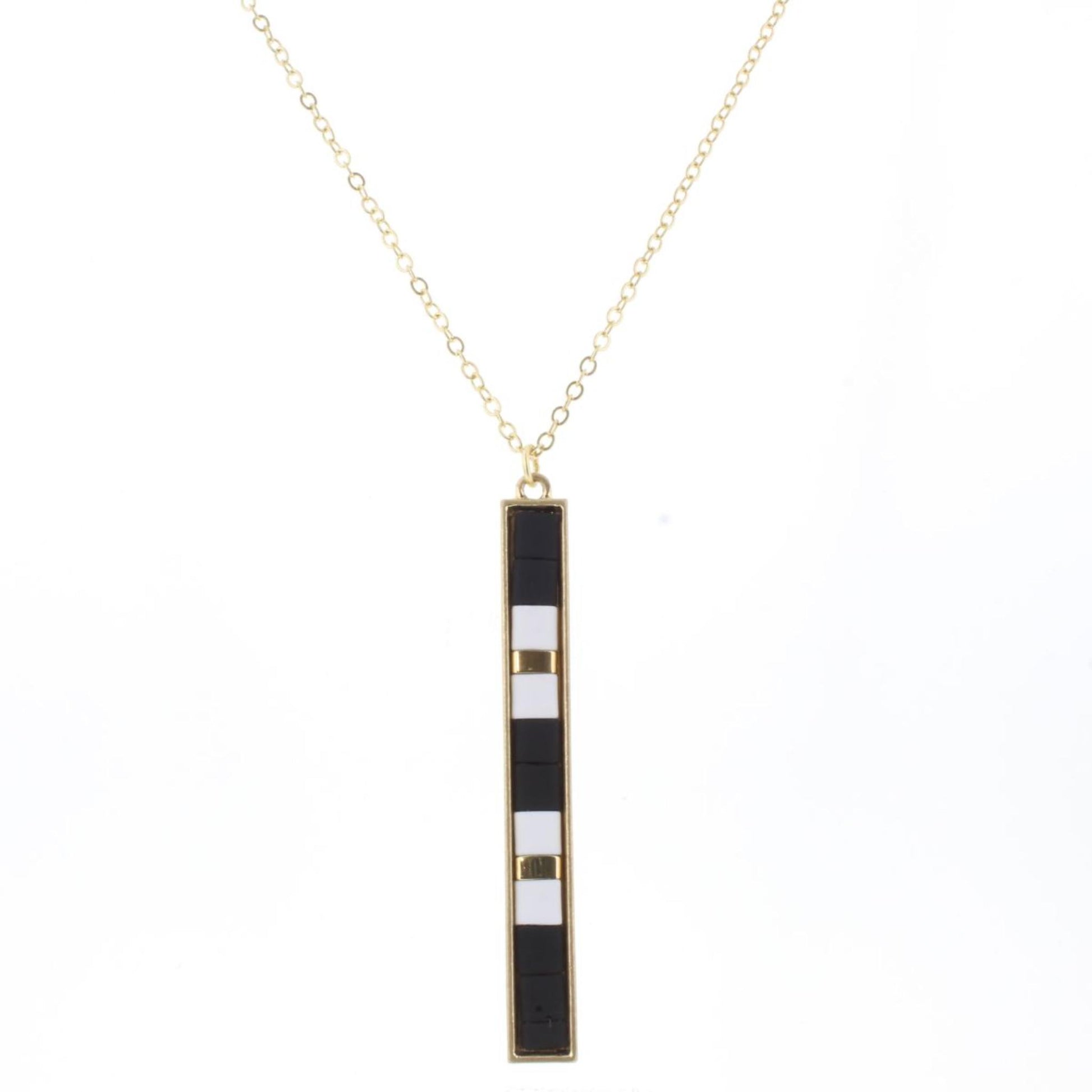 30" Jet, White, Gold Tila Beaded Bar Necklace, 3" Ext