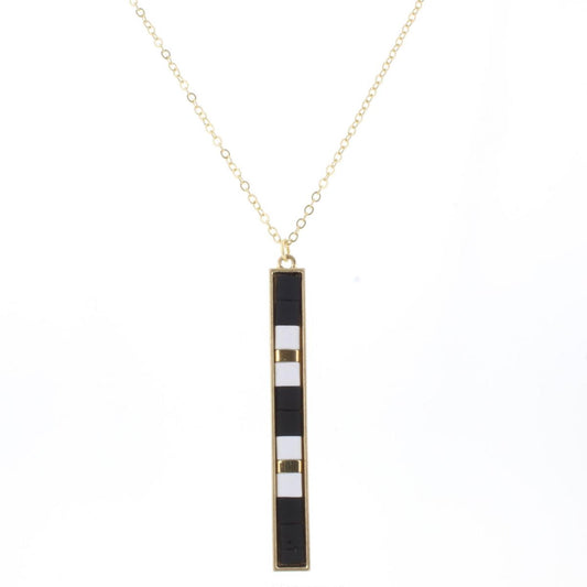 30" Jet, White, Gold Tila Beaded Bar Necklace, 3" Ext