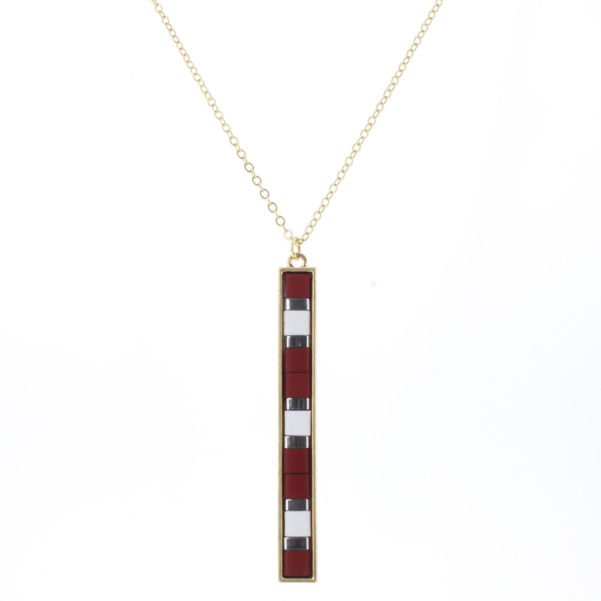 30" Maroon, White, Silver Tila Beaded Bar Necklace, 3" Ext