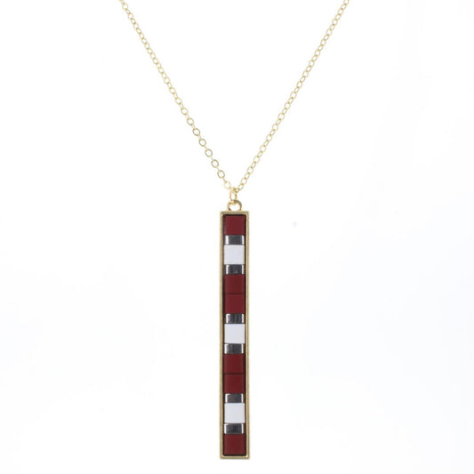 30" Maroon, White, Silver Tila Beaded Bar Necklace, 3" Ext