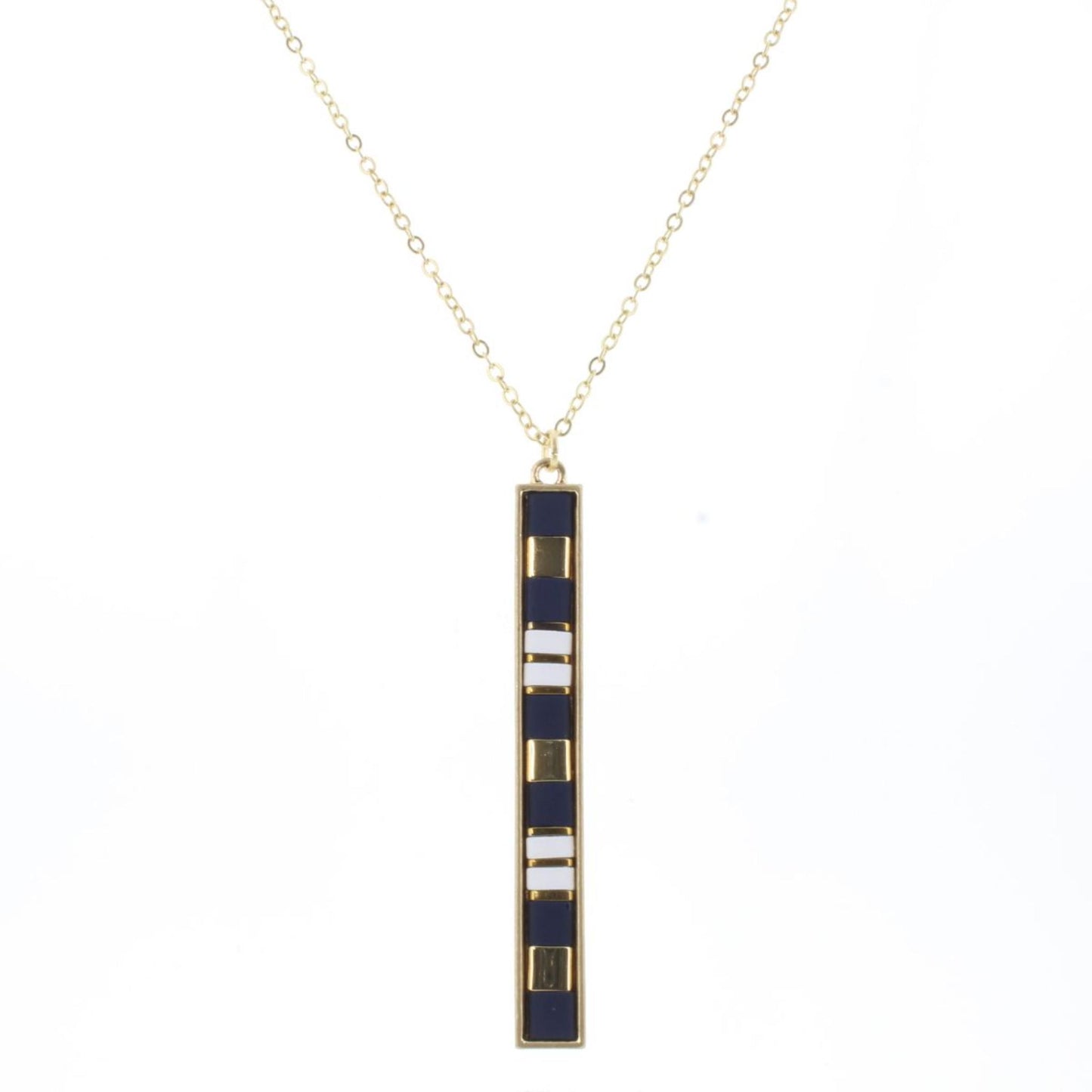 30" Navy, Gold, White Tila Beaded Bar Necklace, 3" Ext
